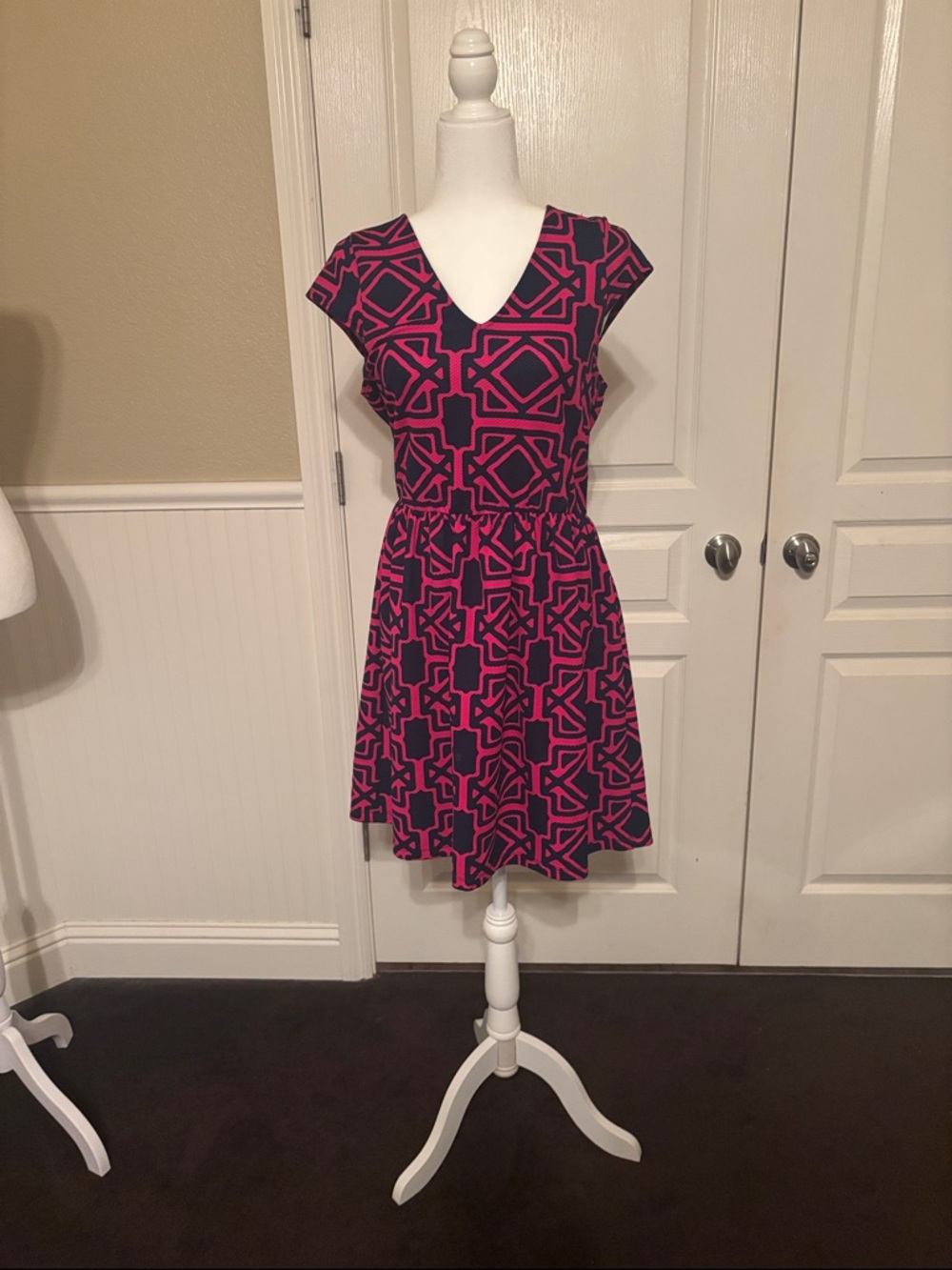 Blue Rain Navy and Pink Geometric V-Neck Fit & Flare Mini Dress